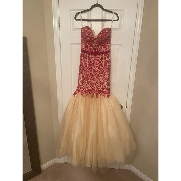 Tony Bowls Nude Prom Mermaid Gown With Red Beading (size 4) - Picture 2 of 12